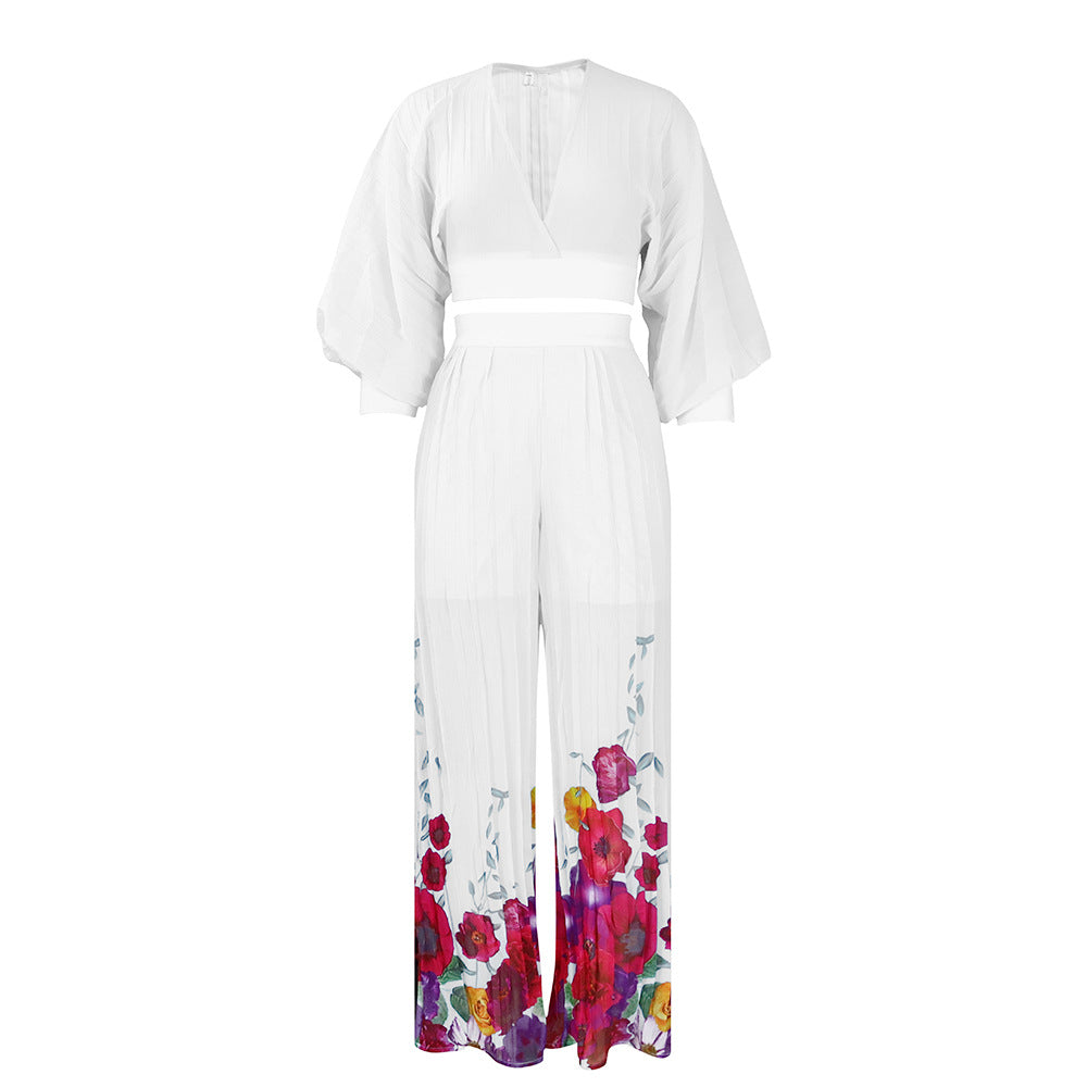 SIXSR D440 New Hot Trade Wholesale V-neck chiffon lantern sleeve top pleated wide-leg pants two-piece set 2025 suit