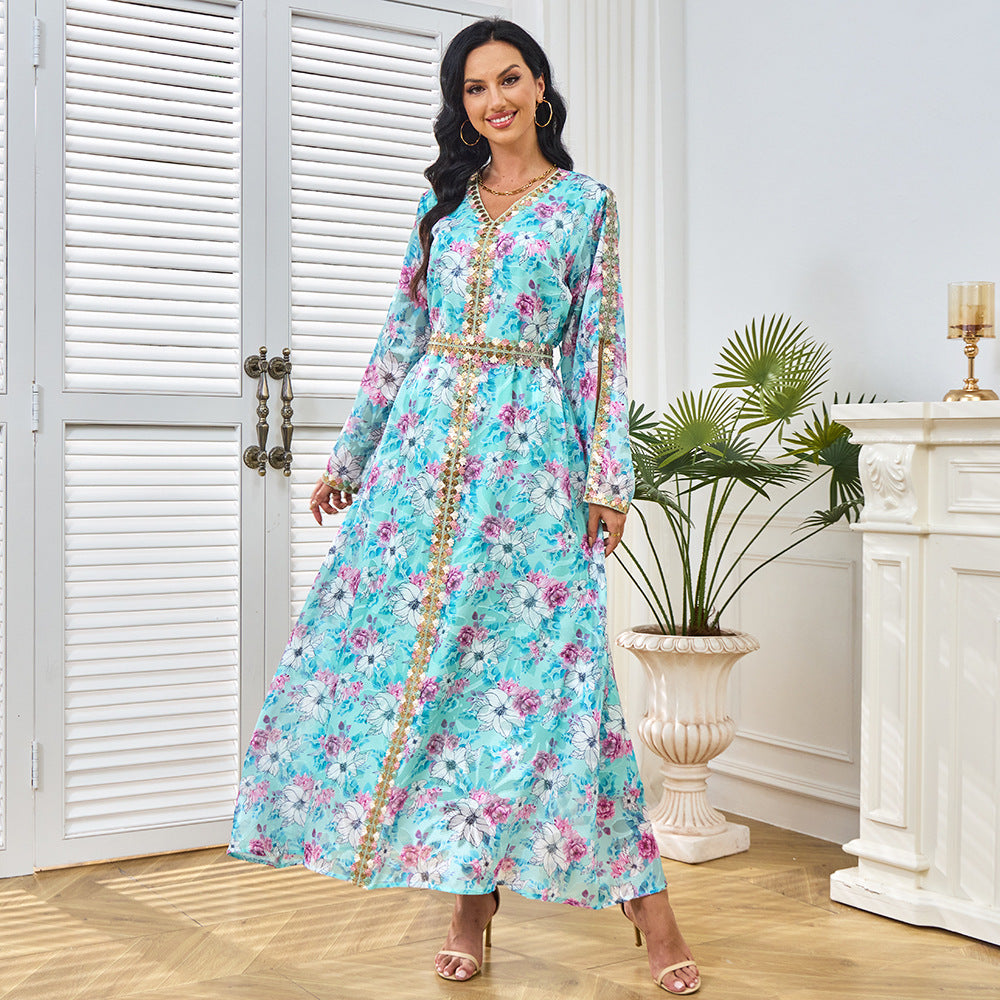 Middle East Muslim robe women's long dress fashion new color pattern V-neck waist split sleeve dress