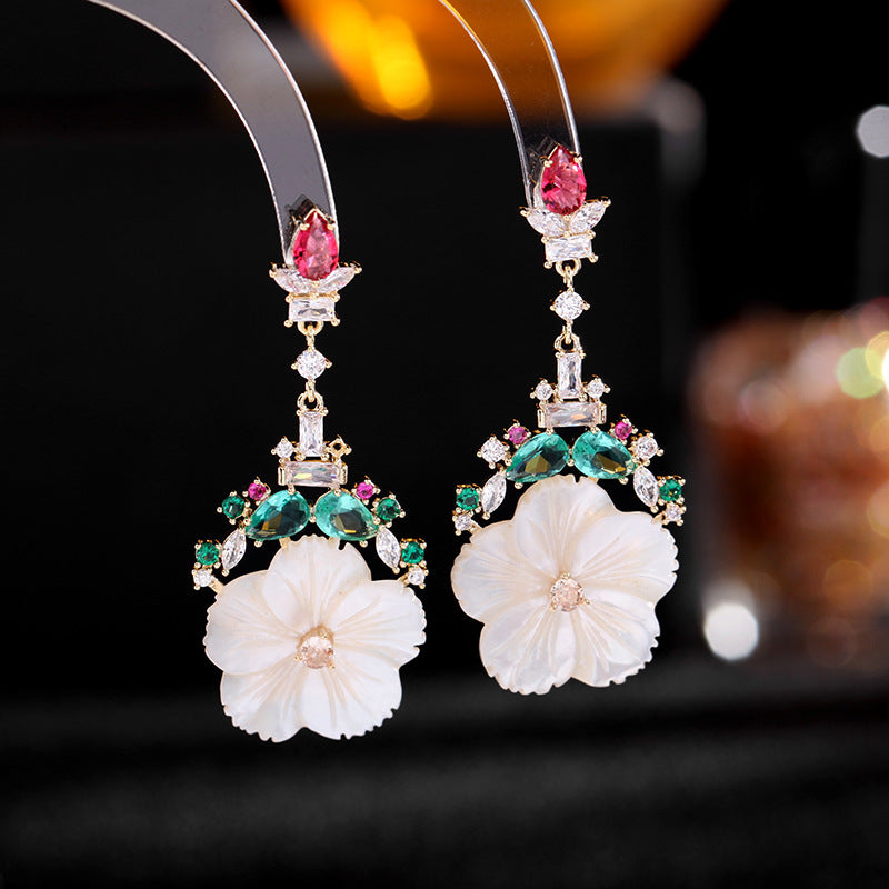 2025 Natural shell earrings long sweet temperament colored zirconium Korean fashion S925 silver needle white mother shell flower earrings