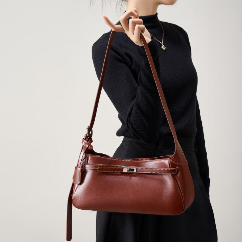 underarm bag women's bag popular new oil wax cowhide shoulder bag niche design high-end retro messenger bag
