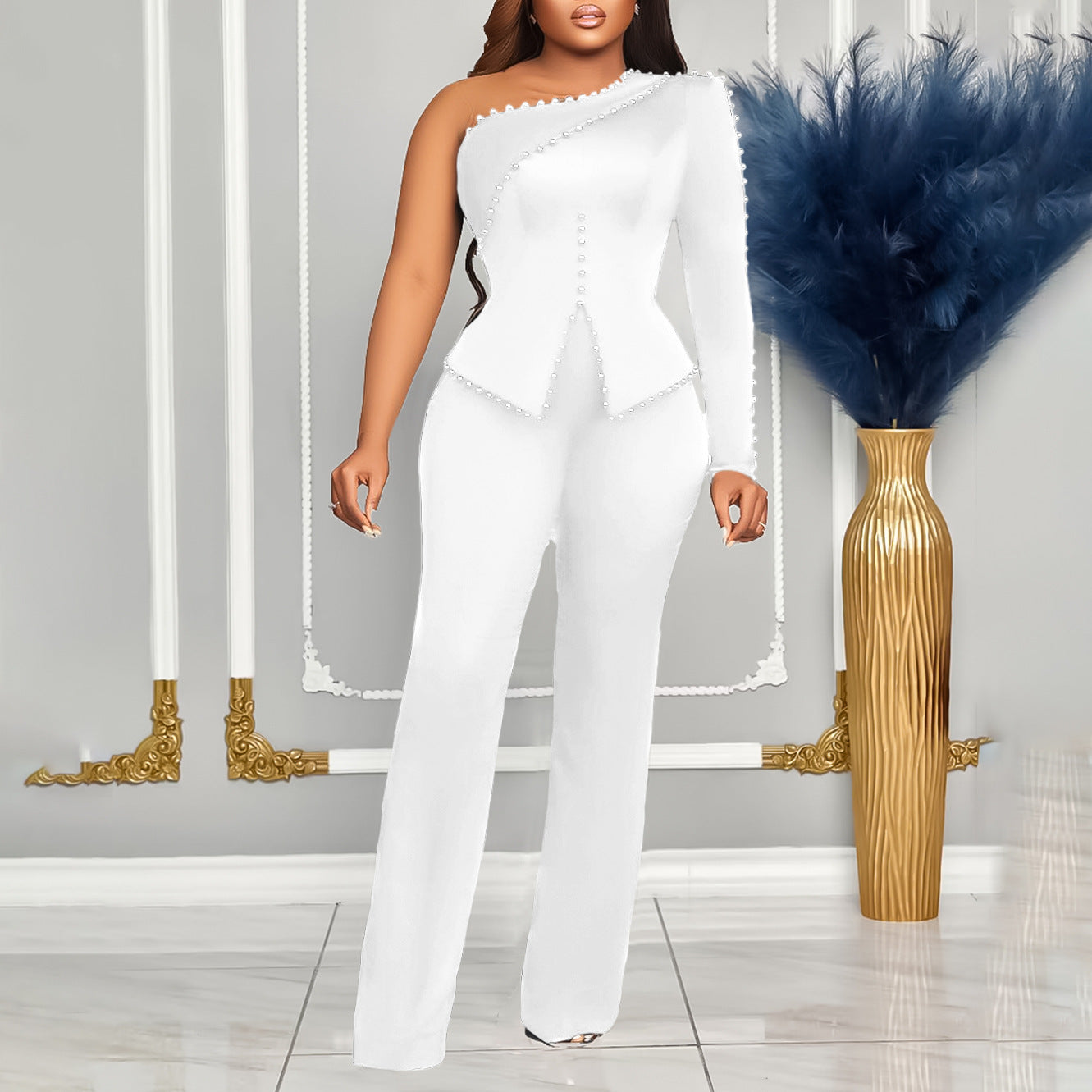 SIXSR D463 Popular trade women's clothing popular spring new slanted shoulder beads OL Tongle two-piece set large size 2025 set