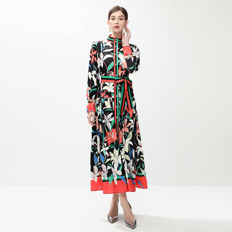 celebrities retro fashion printed stand-up collar single-breasted dress women's waist temperament big pendulum long skirt