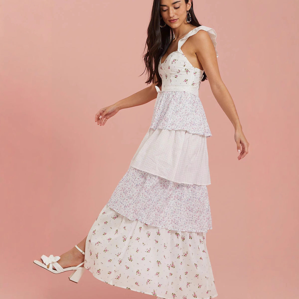 2025 New 2025 women's clothing ins vacation dress hollow slim deep V ruffle edge floral backless dress