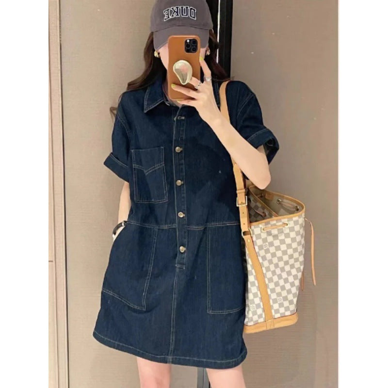 2025 Fashion temperament Hong Kong-style denim dress women's summer new fat sister loose and thin denim skirt