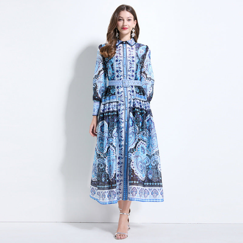Popular, , Express, New printed dress, women's waist and thin temperament pleated pendulum holiday dress
