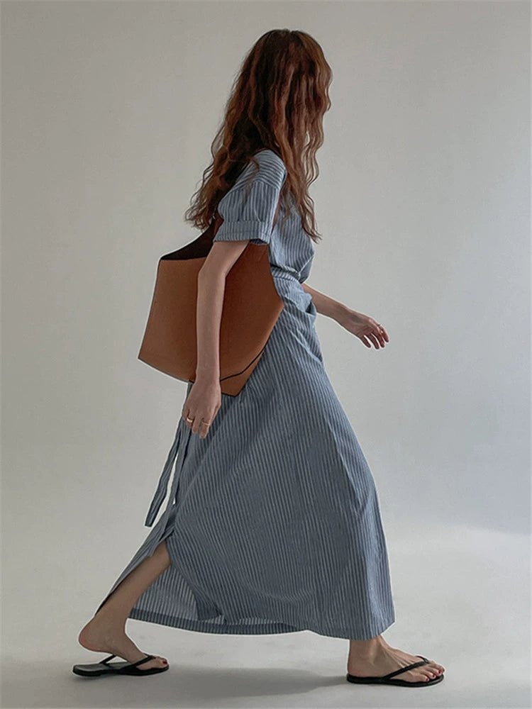 Design cross-strap waist dress women's summer new thin fashion short-sleeved striped long skirt
