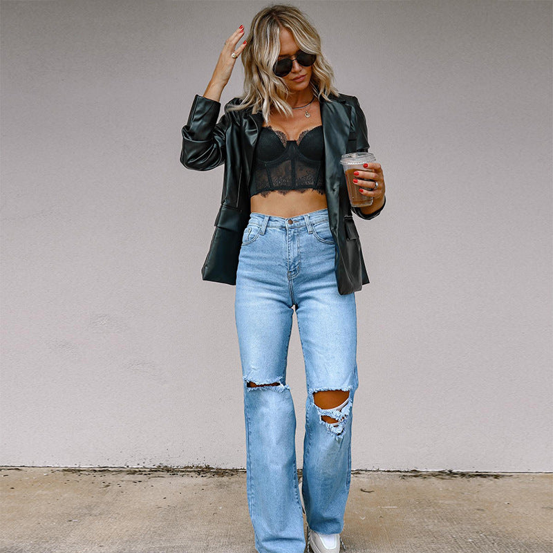 2025 Factory direct sales independent station women's jeans ripped and thin rough edge straight wide-leg pants spot