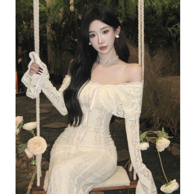 2025 temperament gentle one-word shoulder lace dress dinner party tube top dress waist hip trailing dress