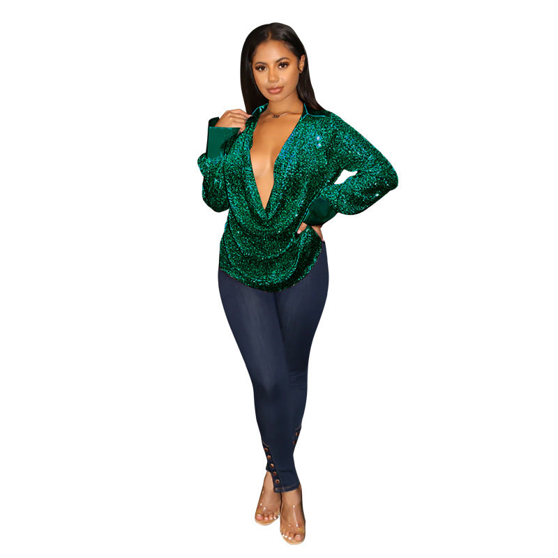 SIXSR INS 2025 New women's clothing deep V-fold loose women's shirt temperament sequined long-sleeved shirt wholesale