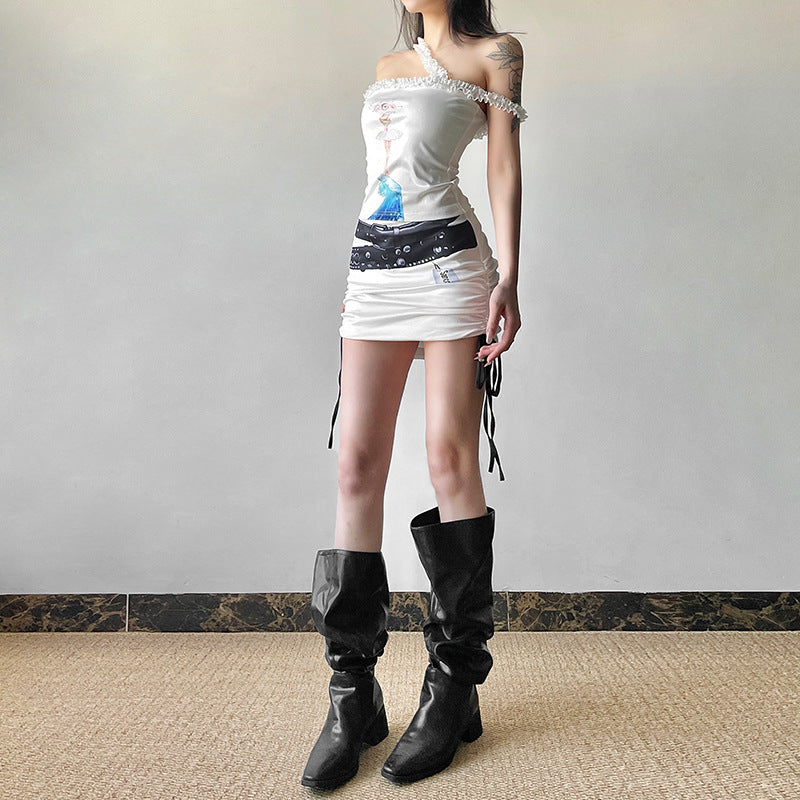 2025 style popular winter new women's clothing fashion cartoon printed off-shoulder top base solid color skirt