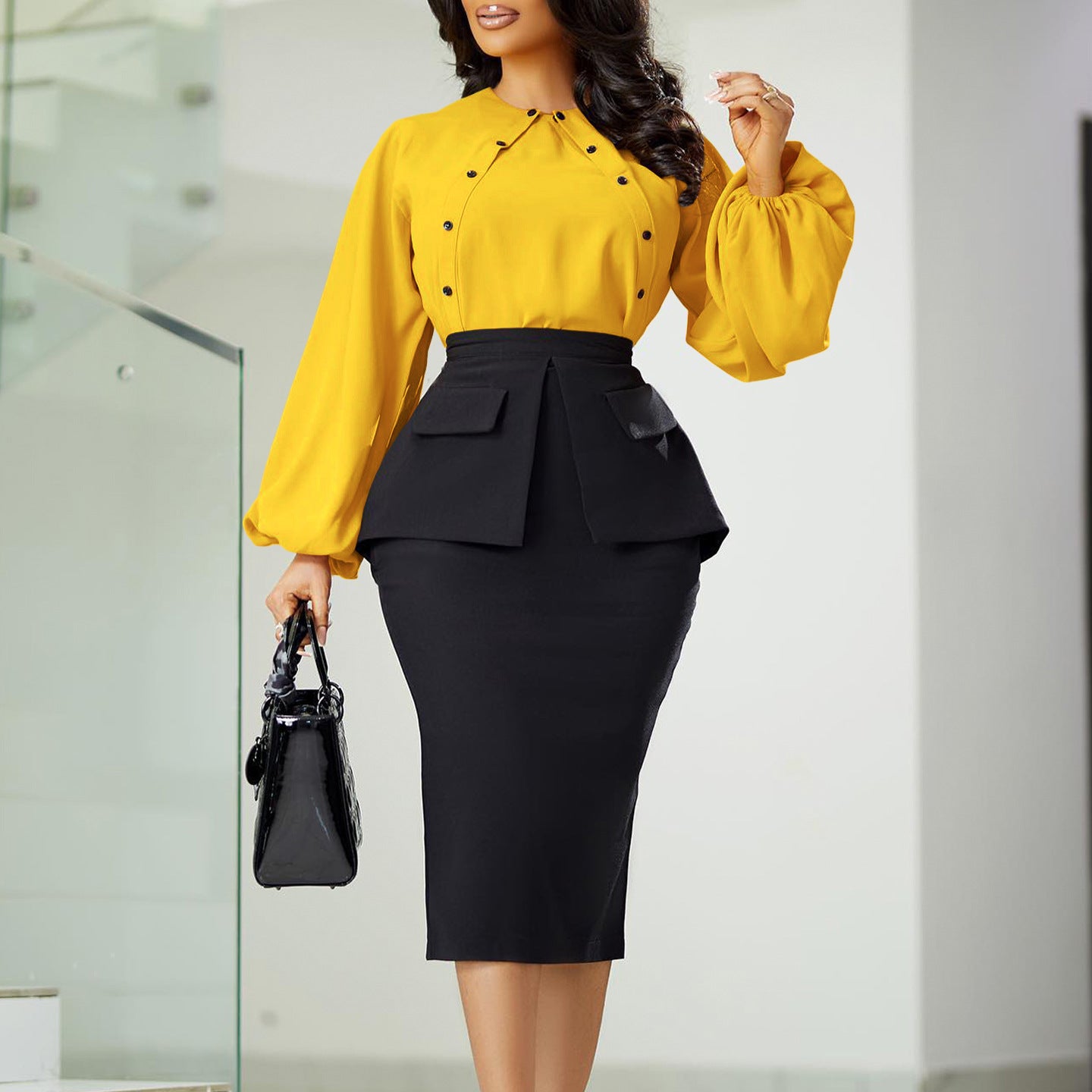SIXSR D445 independent station autumn and winter new fashion temperament OL Tongle long-sleeved top hip skirt 2025 two-piece set
