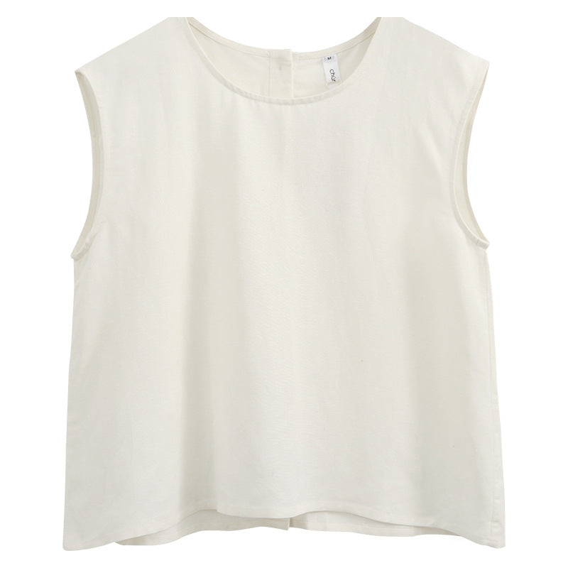 Summer popular new sleeveless T-shirt, Japanese cotton and linen back open button design sense niche ramie vest top women