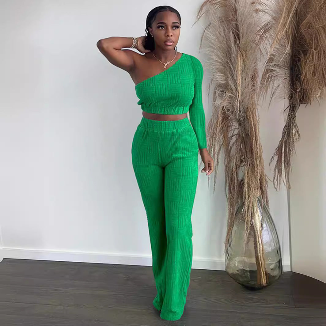 SIXSR T116 2025 hot-selling women's clothing new towel jacquard solid color oblique shoulder long-sleeved trousers set