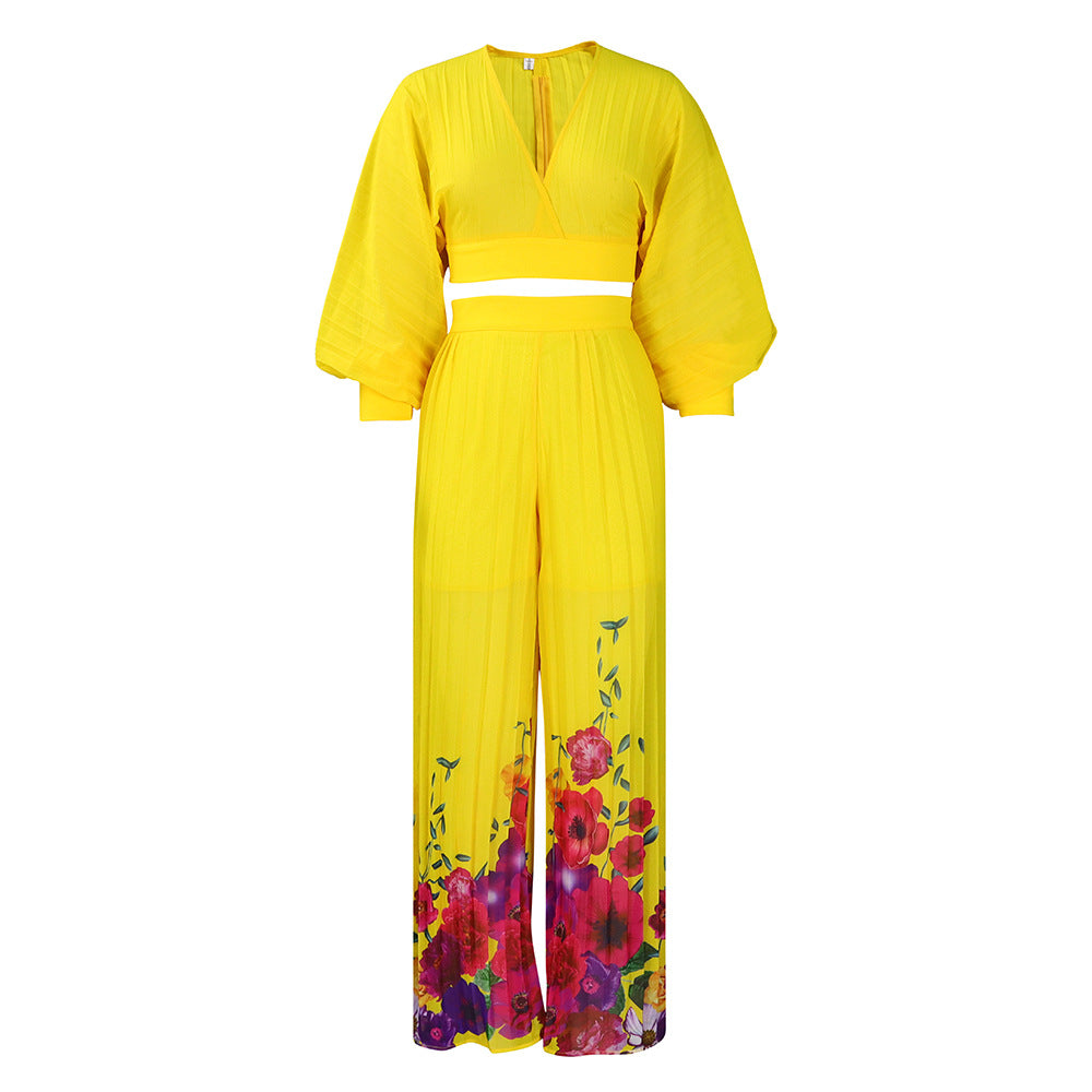 SIXSR D440 New Hot Trade Wholesale V-neck chiffon lantern sleeve top pleated wide-leg pants two-piece set 2025 suit