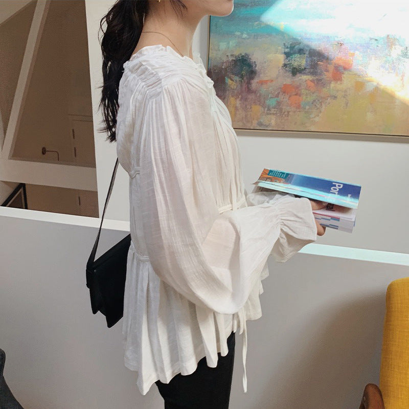 Chiffon V-neck shirt top women's spring new, pleated splicing design Korean version leopard long-sleeved shirt