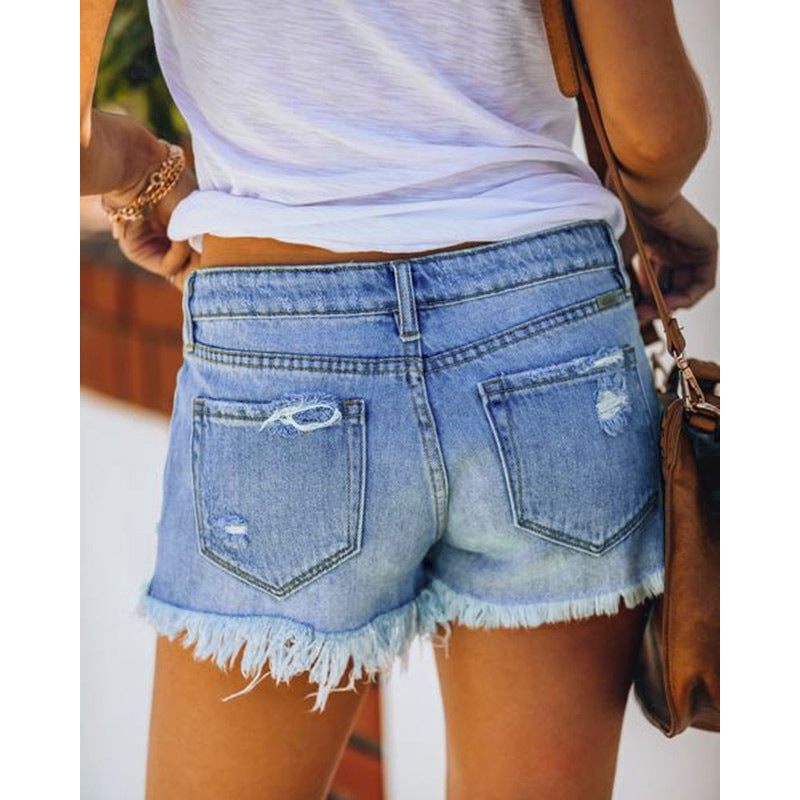 2025 popular trend breasted printed patch denim shorts women's New Popular trade hole fringed hot pants wholesale