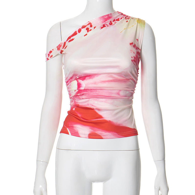SIXSR D24TP173 2025 women's clothing summer new smudge printing irregular slanted shoulder pleated slim-fitting short T-shirt top
