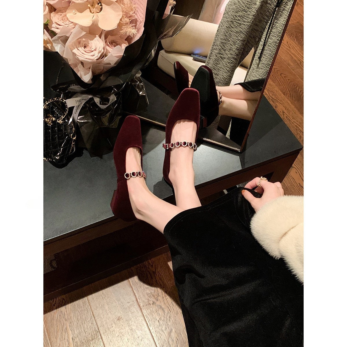 2025 square head light mouth high heels one-word diamond belt low heel suede Mary Jane single shoes