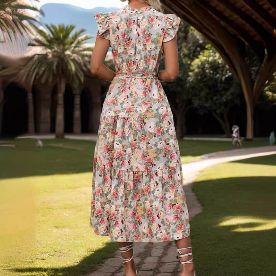 popular 2025 New Popular trade women's clothing lace-up waist printed short-sleeved ruffle edge dress