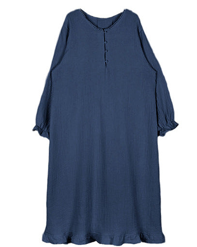 Pure cotton ruffle edge nightdress design sense lace lace splicing neckline sweet long dress lazy style long sleeve loungewear