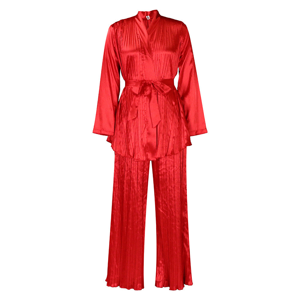 SIXSR D360 New women's clothing solid color pleated loose long-sleeved strap shirt trousers two-piece set Popular trade set