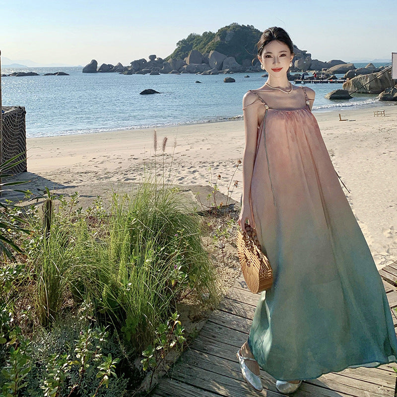 2025 Seaside holiday wind gradually change color smudge loose suspender beach skirt summer dopamine dress atmosphere super fairy