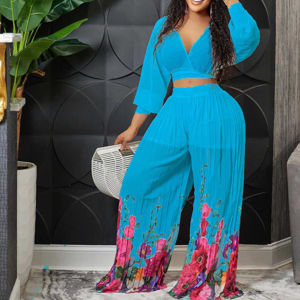 SIXSR Hot trade fashion suit popular new women's V-neck bat-sleeved chiffon top pleated wide-leg pants New two-piece set