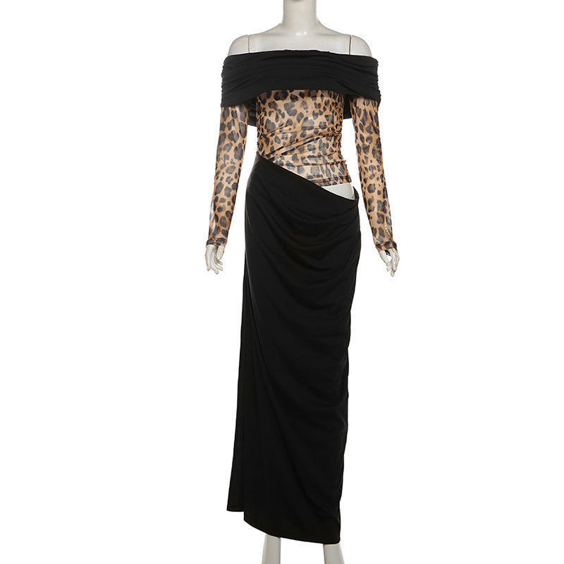 2025 style popular winter new women's clothing fashionable and sexy one-word collar off-shoulder leopard print high split dress