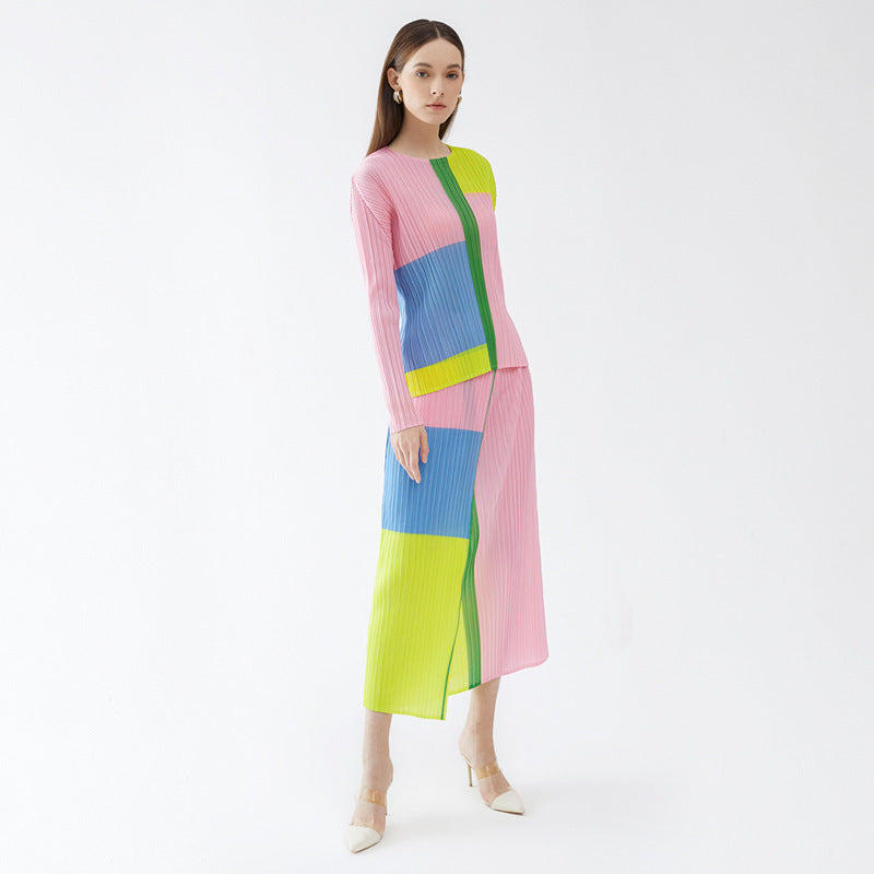 spring new round neck long-sleeved top high waist casual pleated skirt set women's pleated two-piece set