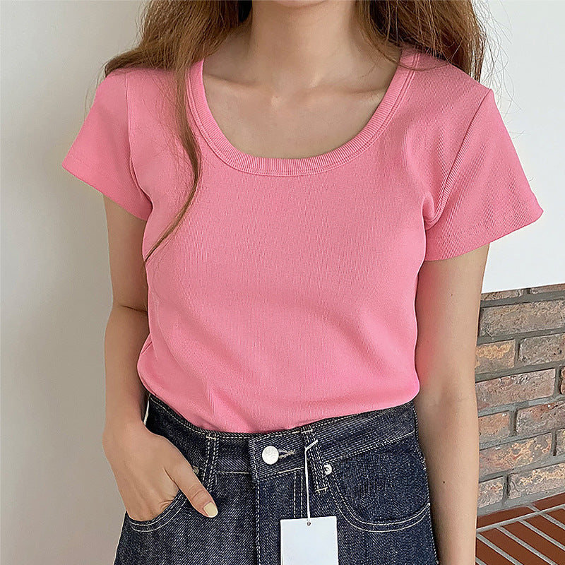 U-neck threaded short-sleeved t-shirt summer new slim and thin versatile pullover Korean version Spice Girl Dopamine top women's clothing