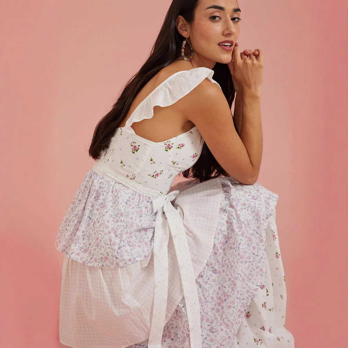 2025 New 2025 women's clothing ins vacation dress hollow slim deep V ruffle edge floral backless dress