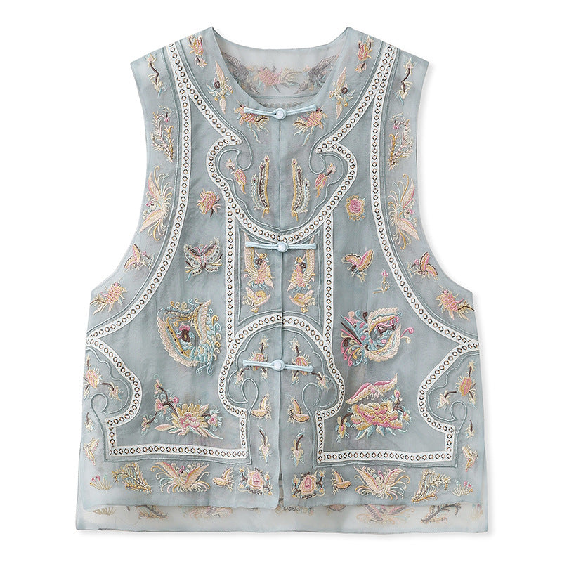 Guofeng retro buckle jacquard embroidered vest 2025 new unique design mulberry silk round neck vest N2022