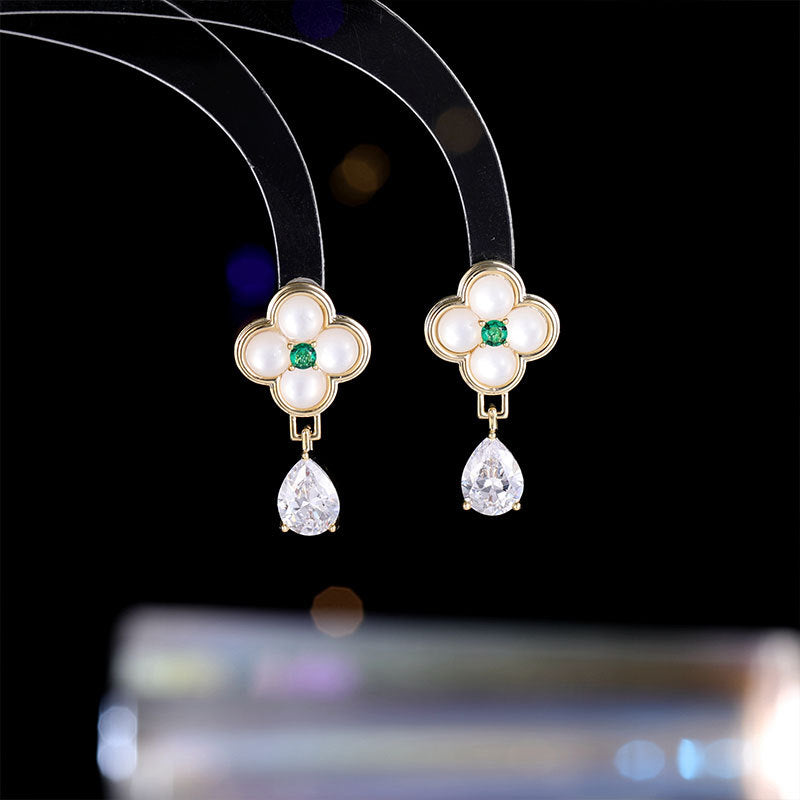 2025 Korean temperament fashion opal flower hanging water drop earrings, high sense exquisite and sweet s925 silver needle earrings