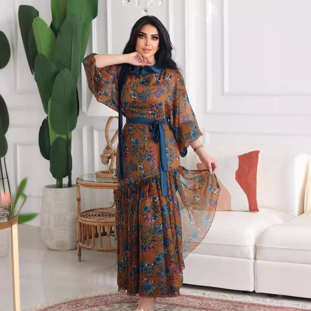 2025 popular spring and summer New Popular trade women's clothing independent station ebay sexy chiffon printing pendulum belt ball evening dress
