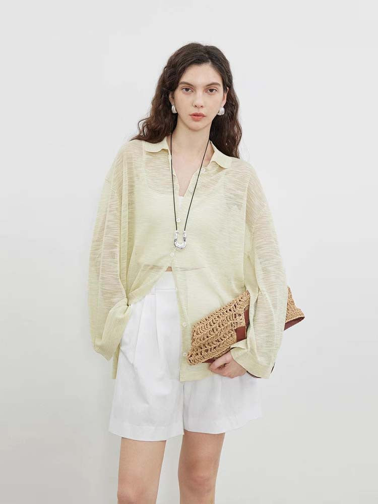 Siyuan, super cool bamboo knuckle hemp texture yarn + simple POLO collar lazy wind silhouette sunscreen shirt women 9018