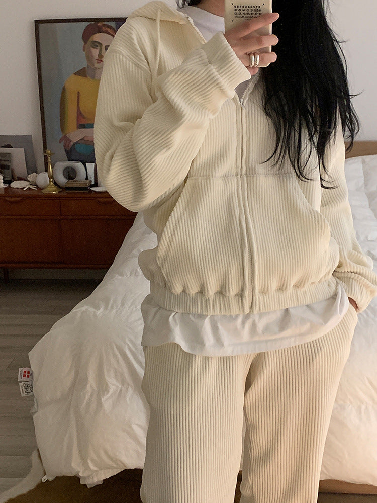 autumn and winter new simple and versatile suit corduroy hooded cardigan long-sleeved Korean sweater two-piece women's clothing