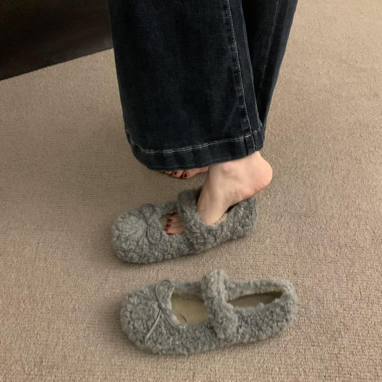 2025 Mao Mao shoes women wear in autumn and winter popular new fairy round head single shoes bow versatile velvet thermal cotton ladyshoes