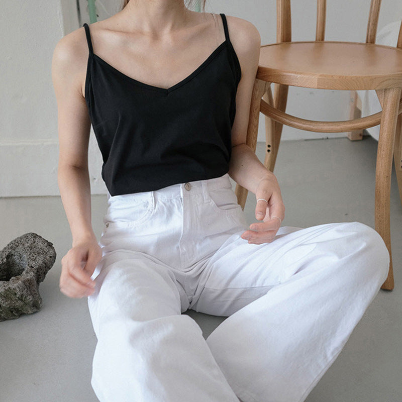 Summer v-neck vest, cotton and linen niche, breathable, comfortable and loose, sleeveless suspenders, versatile inner top, Korean version of women's clothing