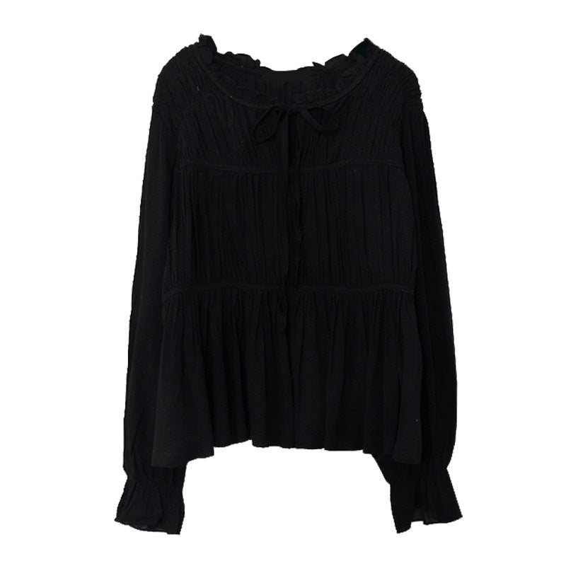 Chiffon V-neck shirt top women's spring new, pleated splicing design Korean version leopard long-sleeved shirt