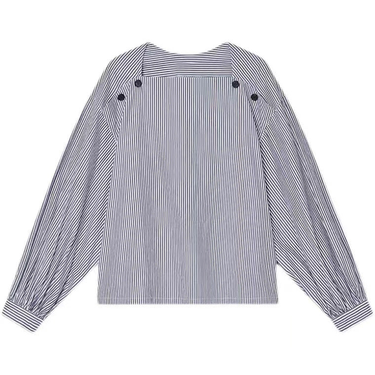 Spring New Striped Shirt Women's Fashion Square Neck Design Sense Long Sleeve Pullover Thin Room Strip Shirt Women's