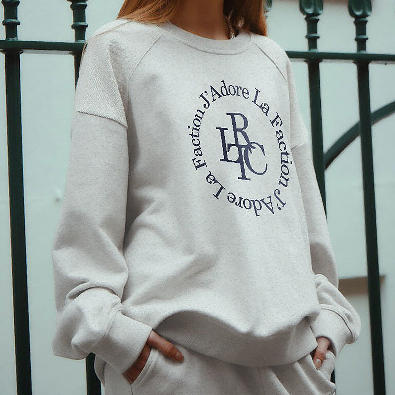 Japan and Korea casual round neck long-sleeved jumper autumn and winter atmosphere contrasting top letter printing versatile pure cotton sweater
