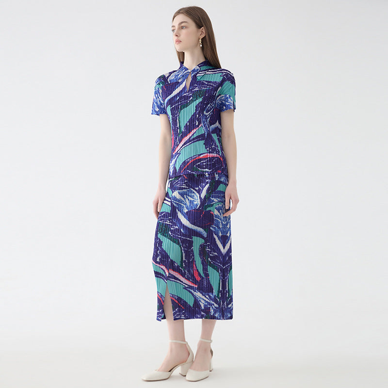 summer new flower suit women's POLO neck short-sleeved top straight print skirt two-piece set women