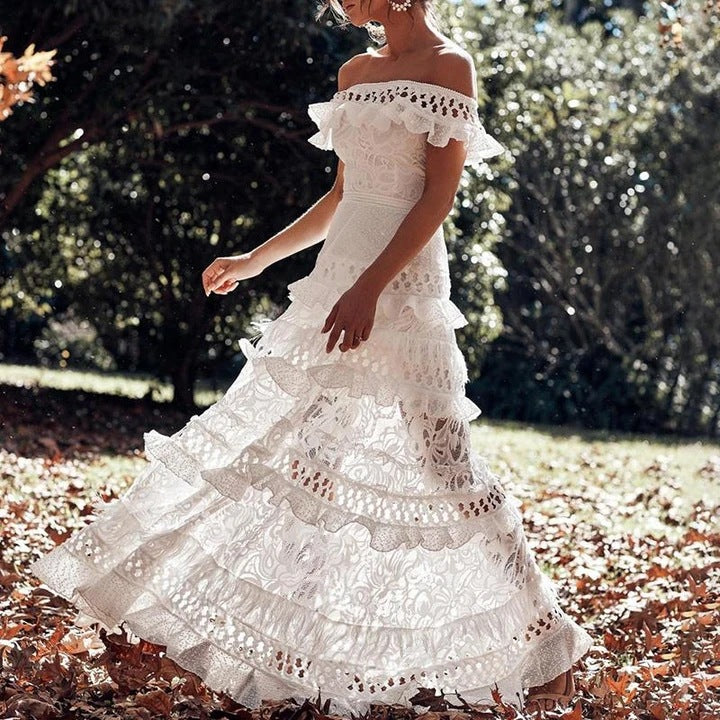 2025 summer new Popular trade women's clothing wish one-word shoulder ruffle edge hollow pendulum lace dress new