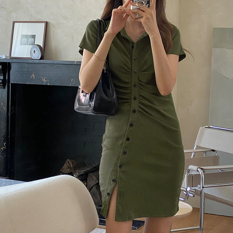 Short dress summer women's lapel pleated design temperament waist thin Internet celebrity sexy careful short skirt