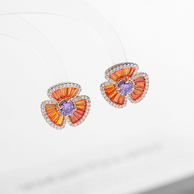 2025 South Korea's new purple zircon micro-inlaid silver needle flower earrings, fresh Mori Internet celebrity temperament stud earrings