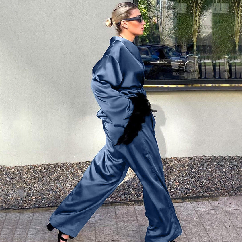 SIXSR 2025 spring satin premium pajamas long-sleeved feather cardigan trousers two-piece set loose loungewear women