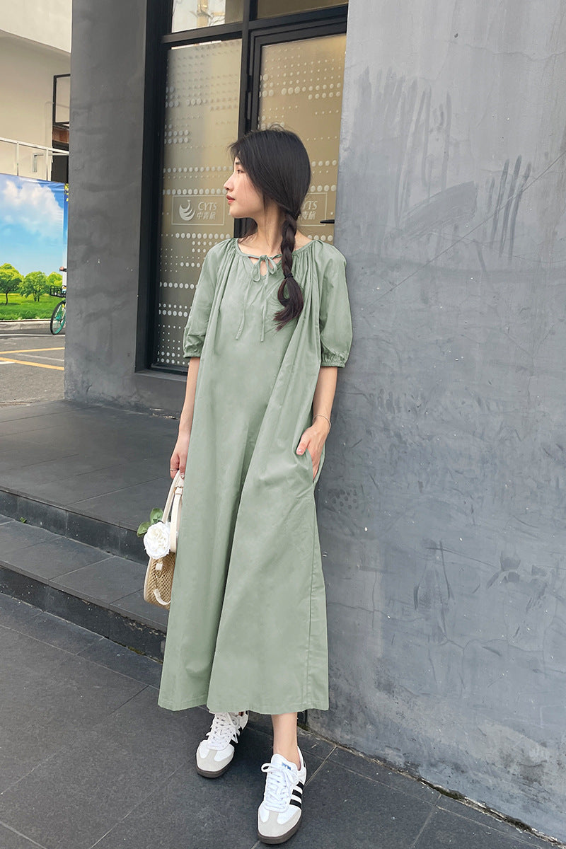 New fresh temperament dress loose bubble sleeves cover meat round neck pleated gentle pure cotton design doll skirt