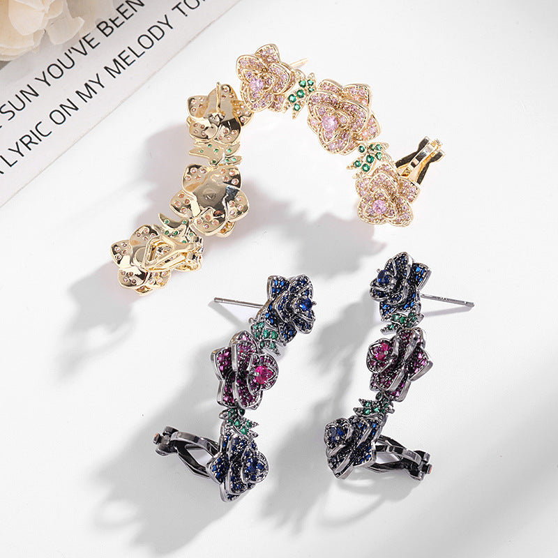 2025 Ethnic style retro rose ear bone clip color zirconium earrings women's S925 silver needle fashion temperament camellia earrings