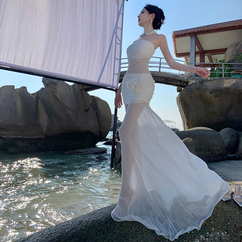 2025 Seaside vacation beach dress pure desire wind hottie sexy word shoulder tube top slim hip skirt backless dress summer