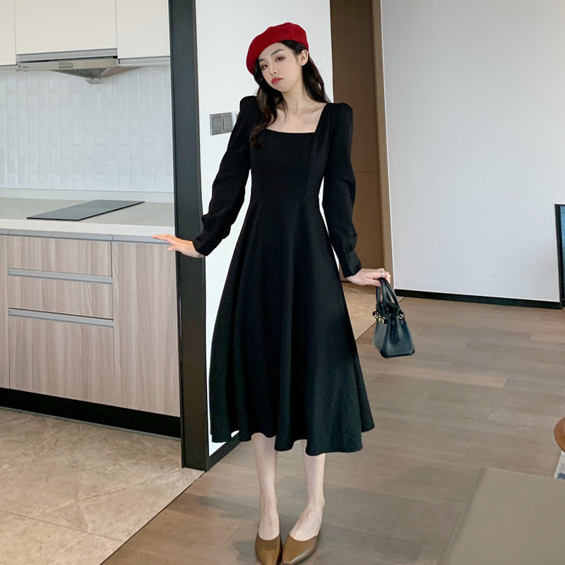 2025 Spring Korean Women's Black Dress Square Neck Retro Hepburn Style Long Dress Long Sleeve Black Dress